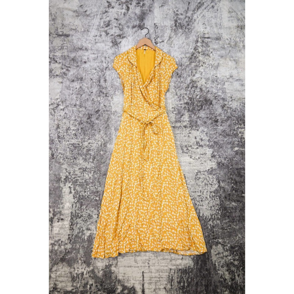 Free People Yellow Floral Wrap Collared Midi / Maxi Dress Size 6
